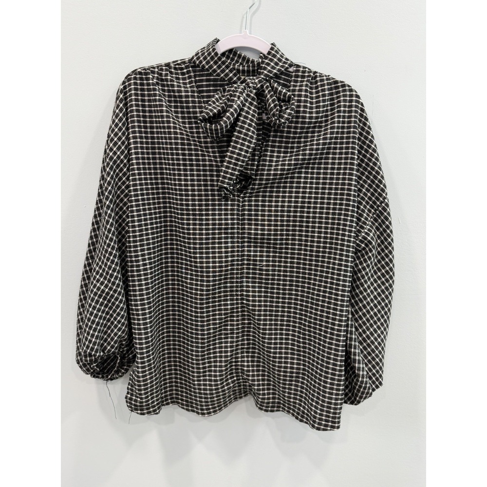 Max Studio Black White Checkered Bow Tie Neck Blouse Large Preppy